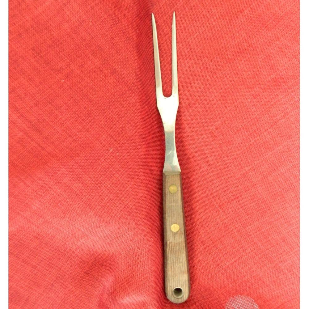 Vintage Unbranded Meat Serving Fork Wooden Handle USA Stainless Steel Rustic 10"